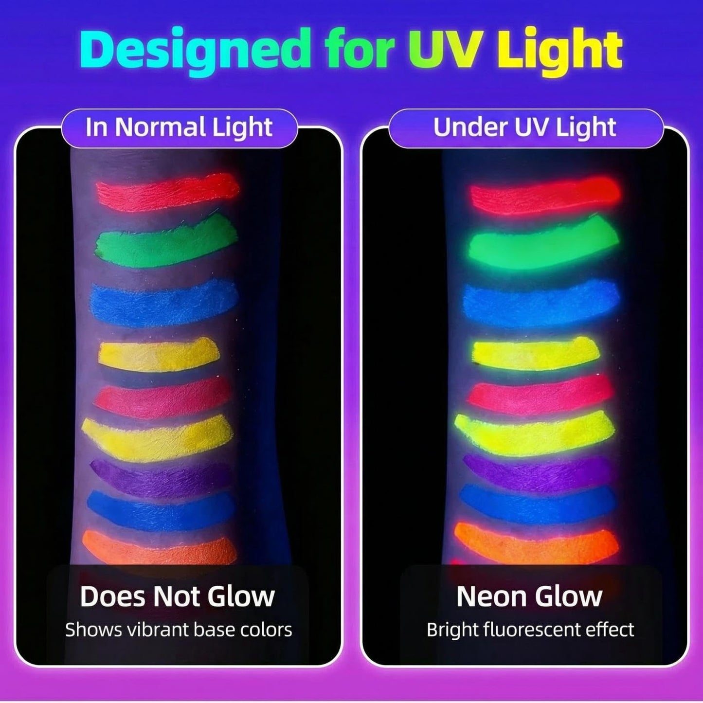 Detailed view of glow in the dark markers for face and body art