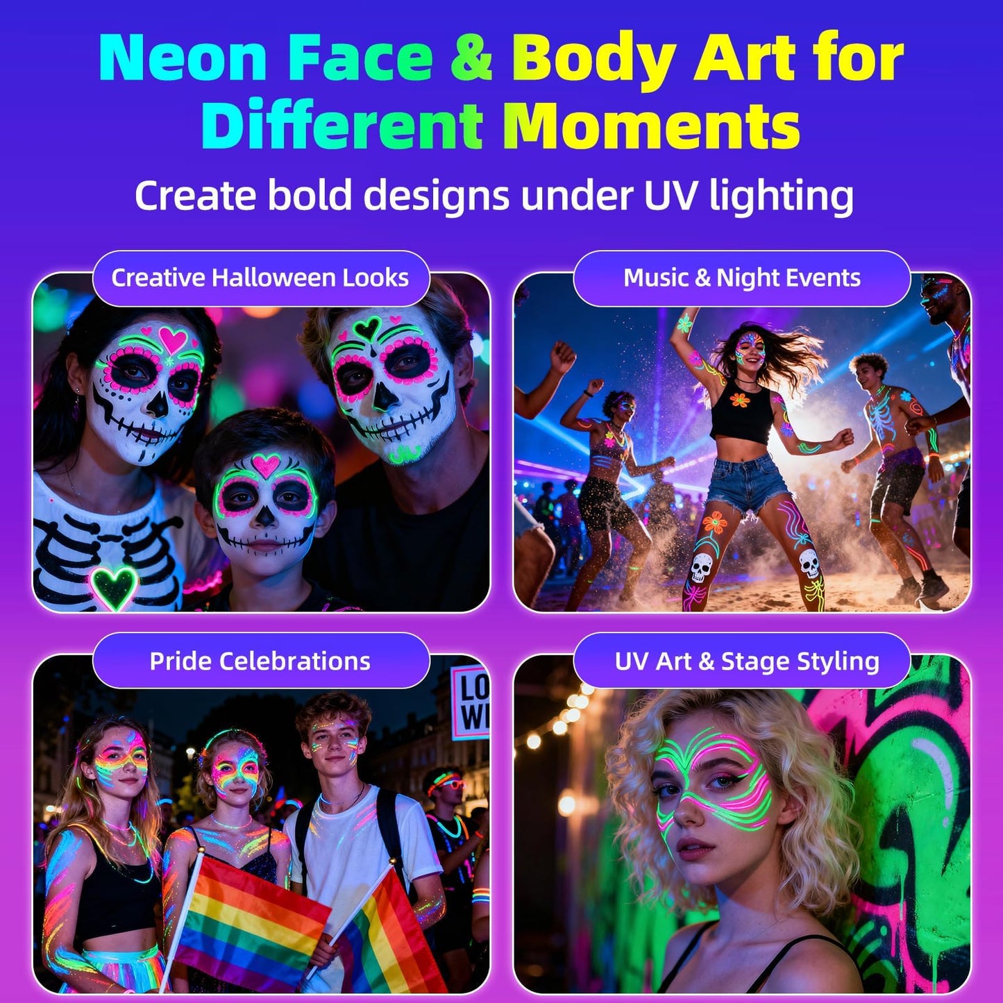 Packaging of Giftmissu UV reactive body paint pens for glow parties