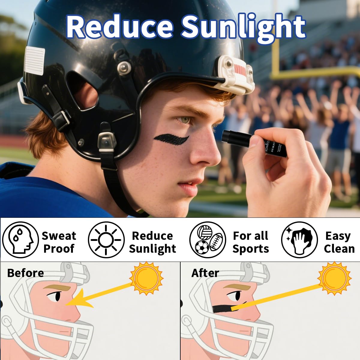 Athlete wearing Bowitzki eye black for sports glare reduction