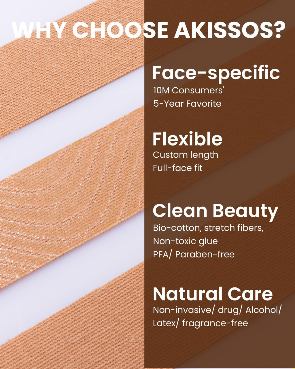 Akissos cosmetic tape roll displayed alongside cut application strips