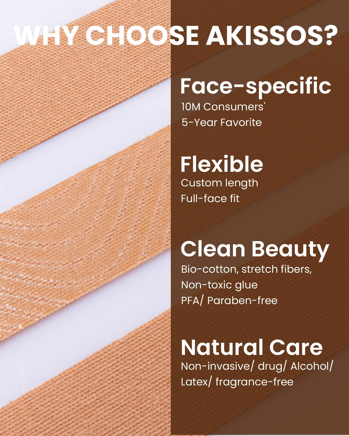 Akissos cosmetic tape roll displayed alongside cut application strips