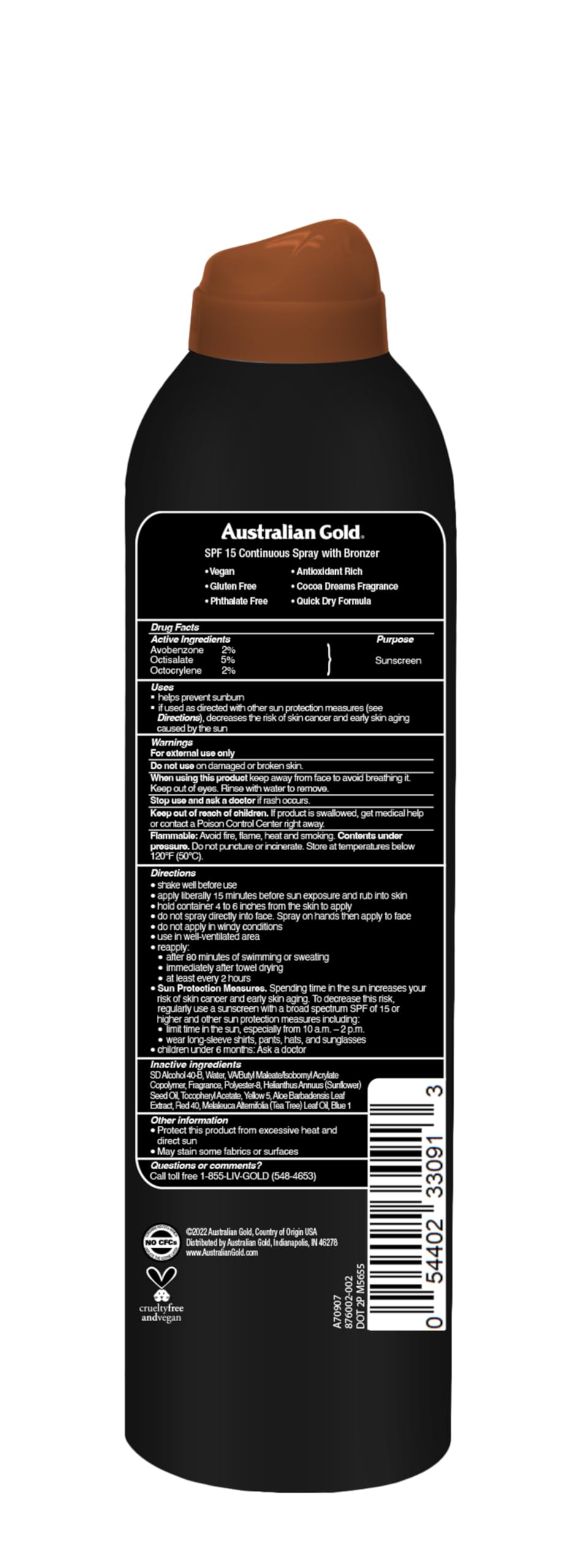 Australian Gold SPF 15 bronzer spray bottle back label details