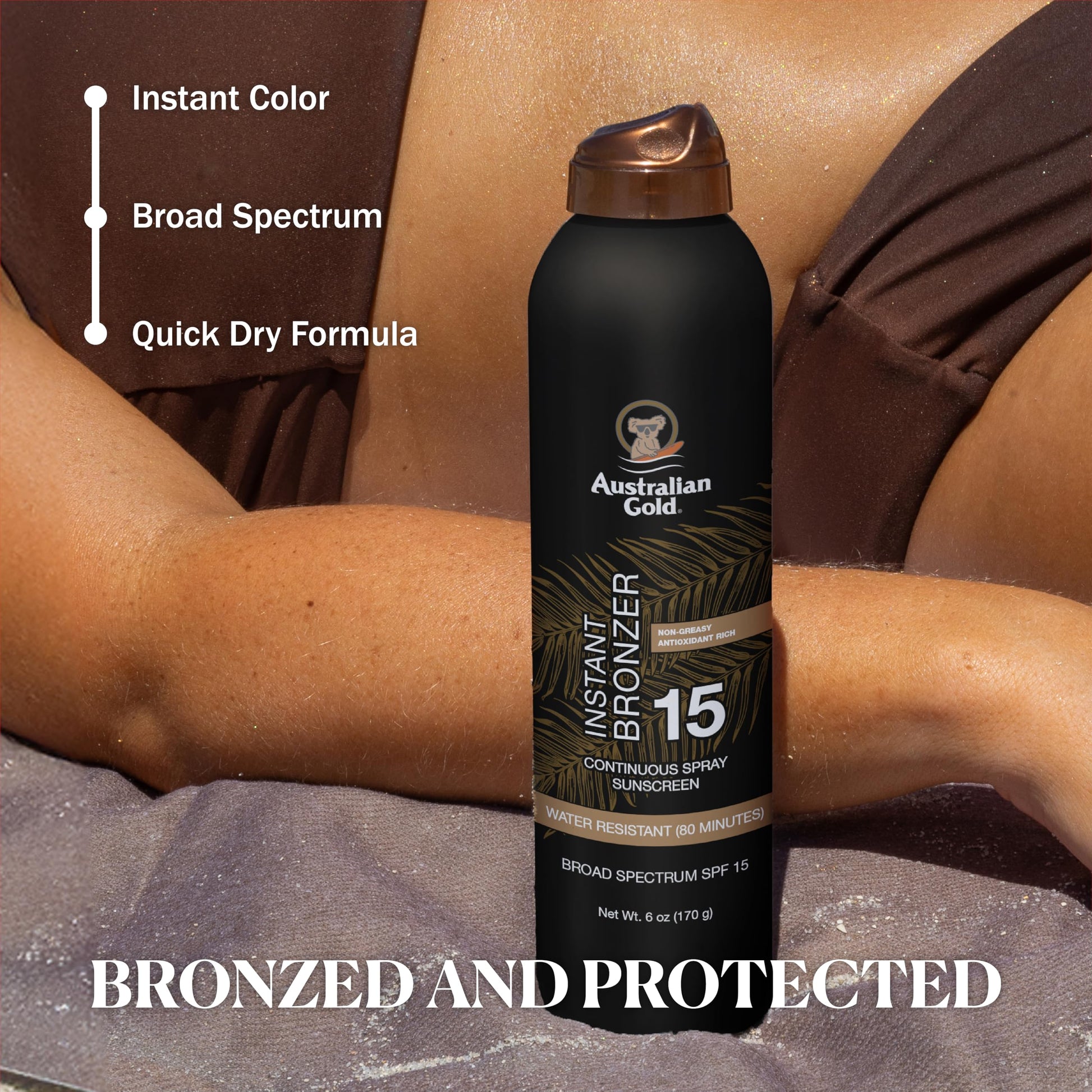 Australian Gold bronzing sunscreen spray showing ingredient benefits
