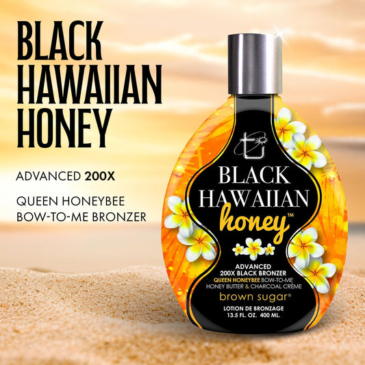 Close up of Brown Sugar Black Hawaiian Honey Advanced 200X Bronzer bottle