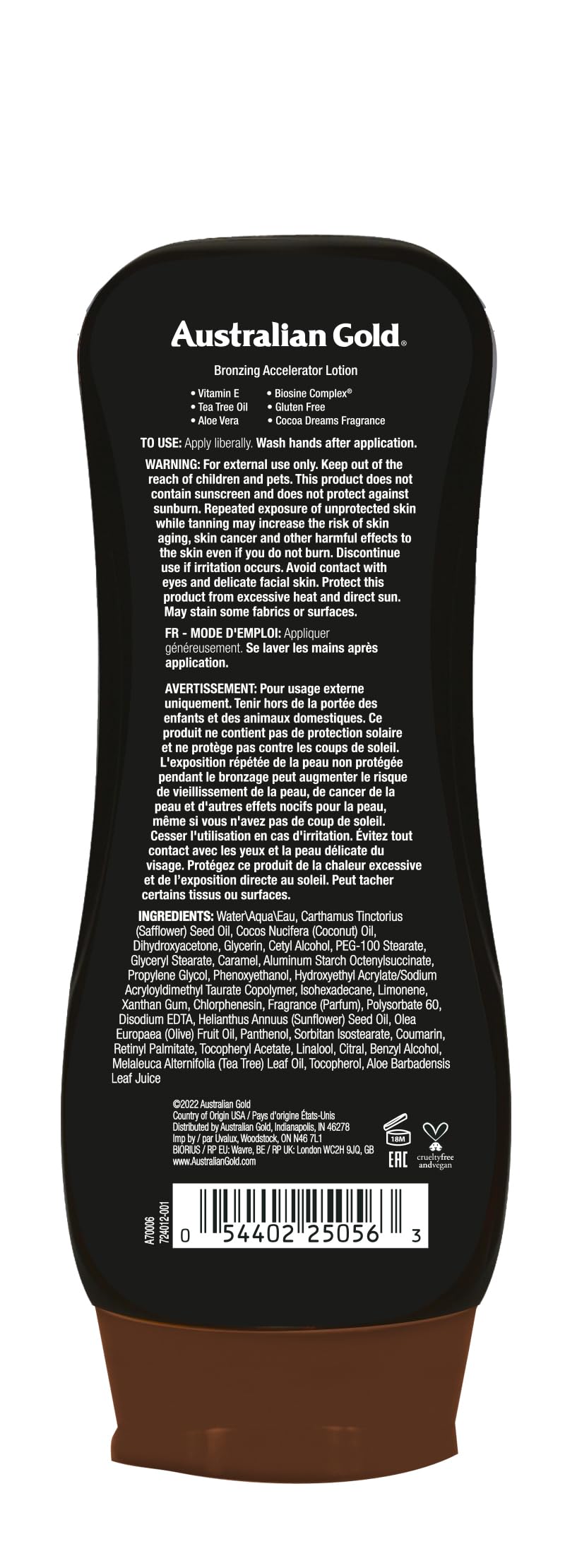 Australian Gold 8 fluid ounce tanning lotion package back details
