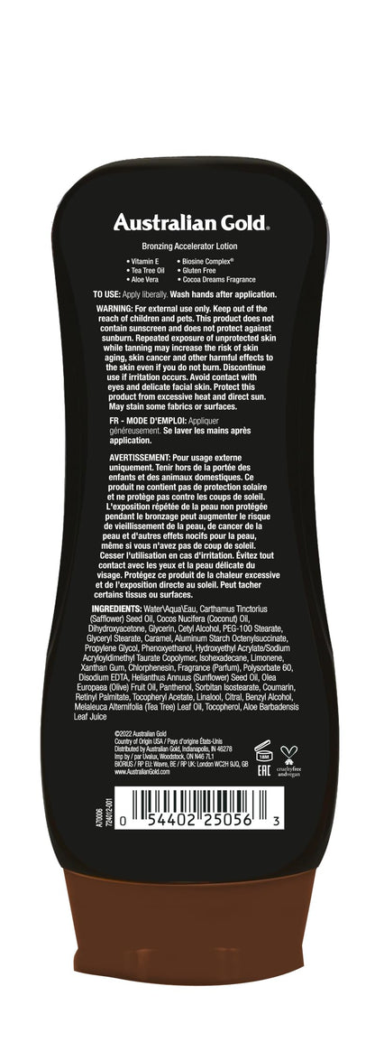 Australian Gold tanning accelerator bottle showing bronzer and skincare benefits