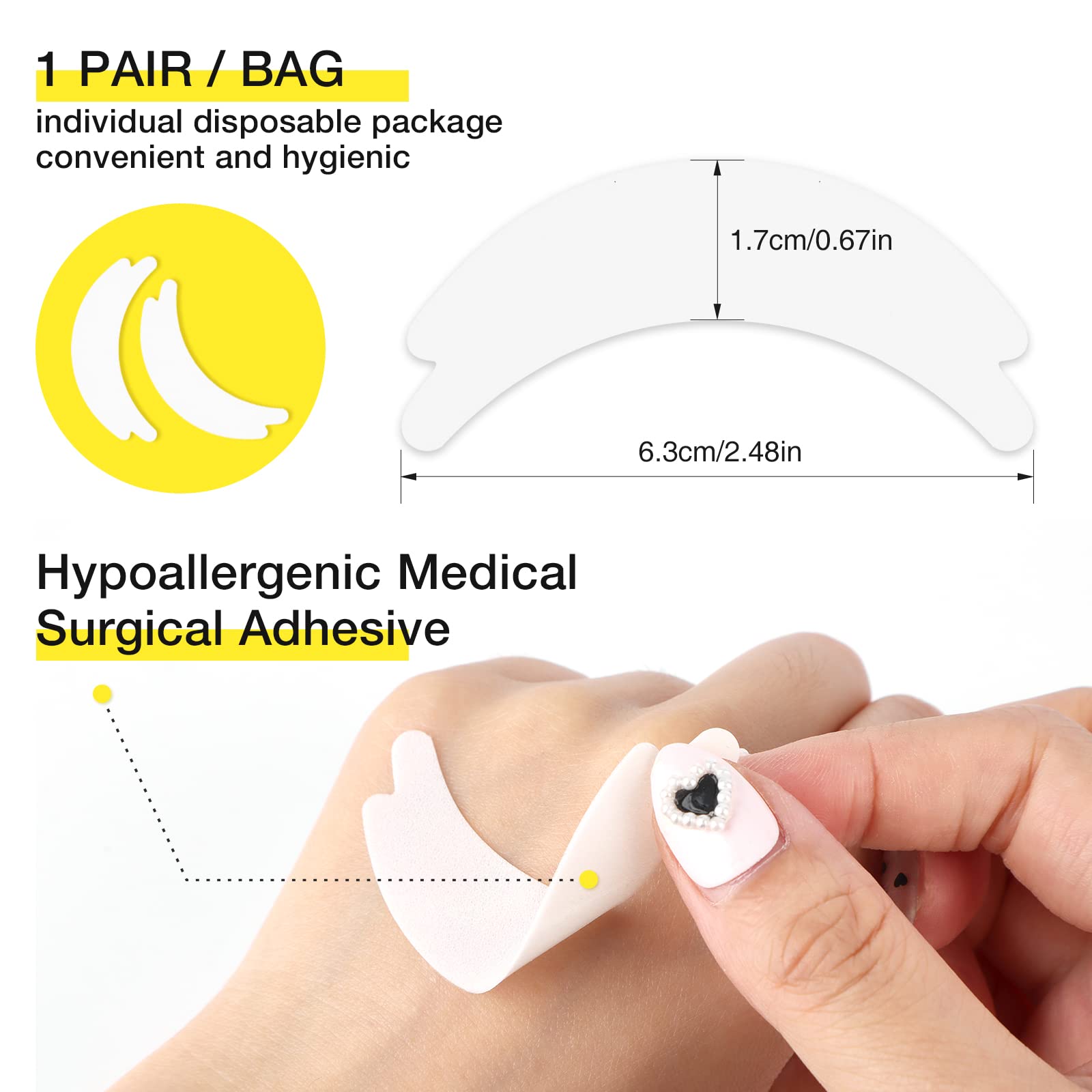 Waterproof under eye patches for lash extensions showing unique curved design.