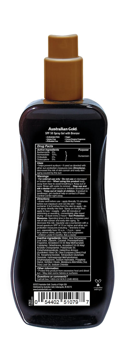 Australian Gold SPF 50 bronzer spray gel application texture