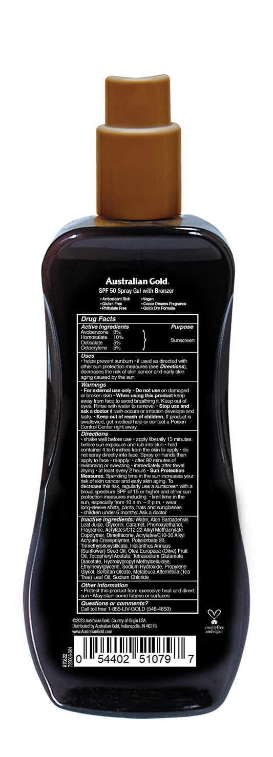 Australian Gold SPF 50 bronzer spray gel application texture