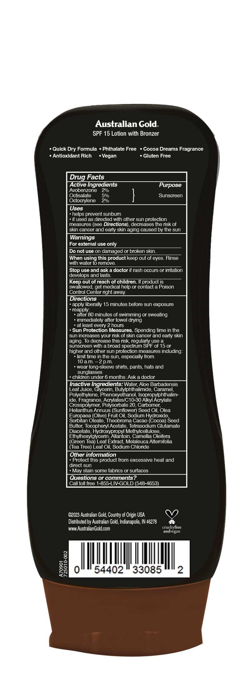 Australian Gold SPF 15 Bronzer lotion packaging details