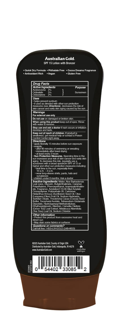 Australian Gold SPF 15 Bronzer lotion packaging details