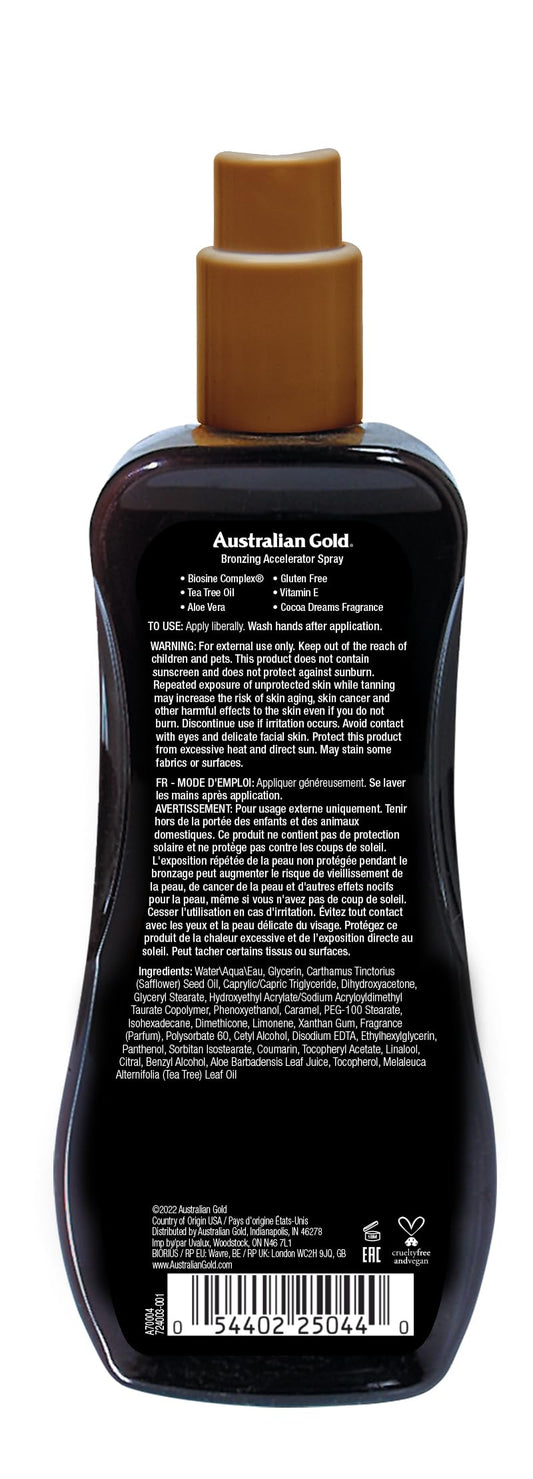Australian Gold Bronzing Accelerator Spray Gel with Aloe Vera and Vitamin E back label ingredients