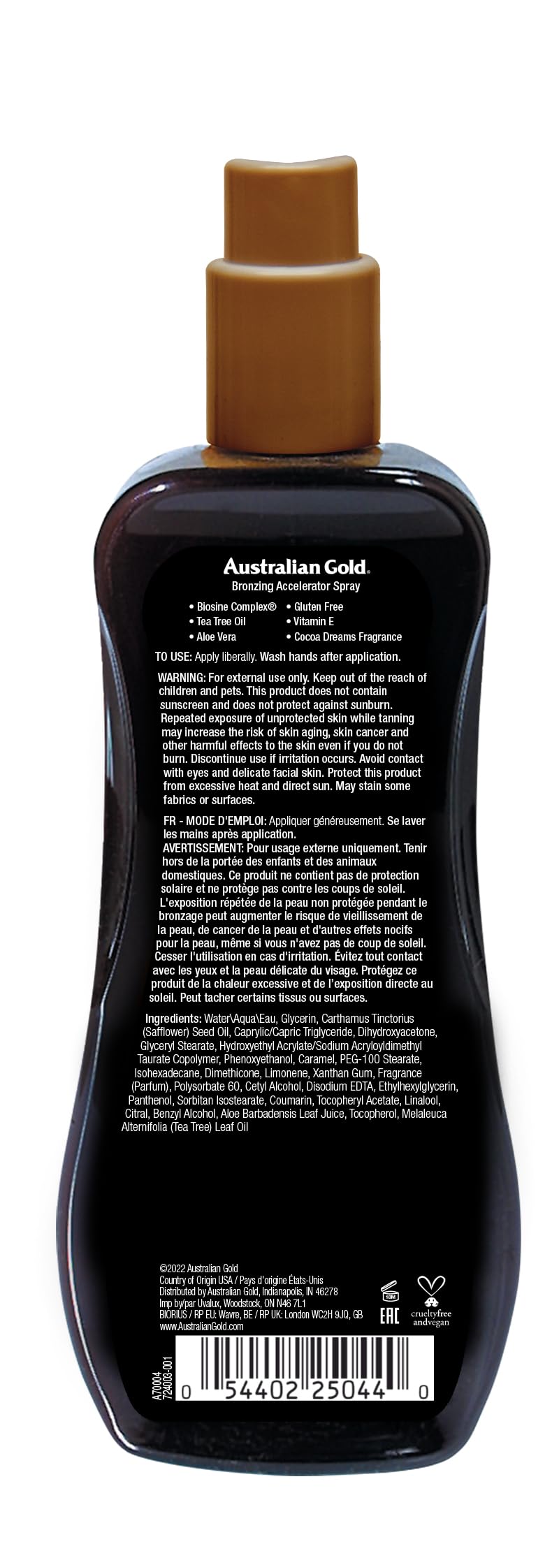 Australian Gold Bronzing Accelerator Spray Gel with Aloe Vera and Vitamin E back label ingredients