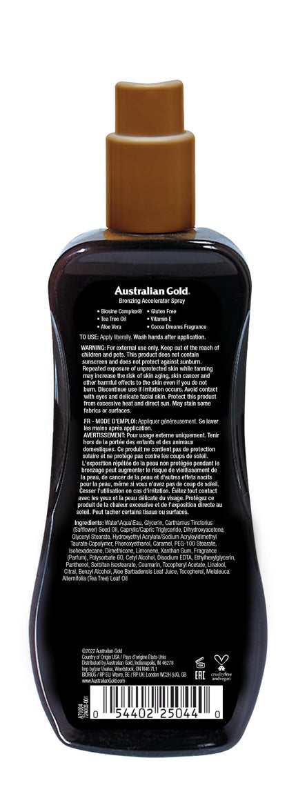 Australian Gold Bronzing Accelerator Spray Gel with Aloe Vera and Vitamin E back label ingredients