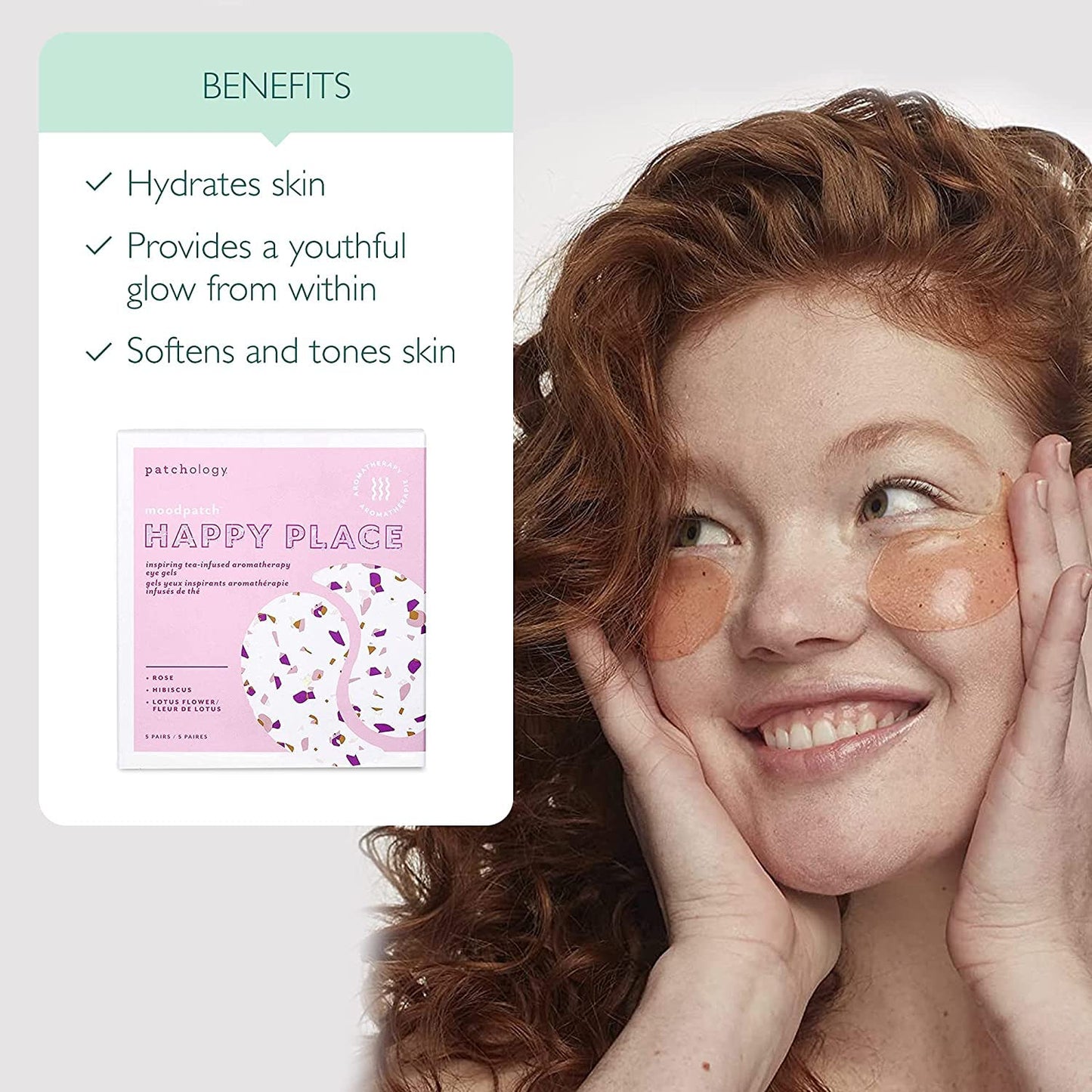 Patchology Happy Place eye gels applied under the eyes for depuffing