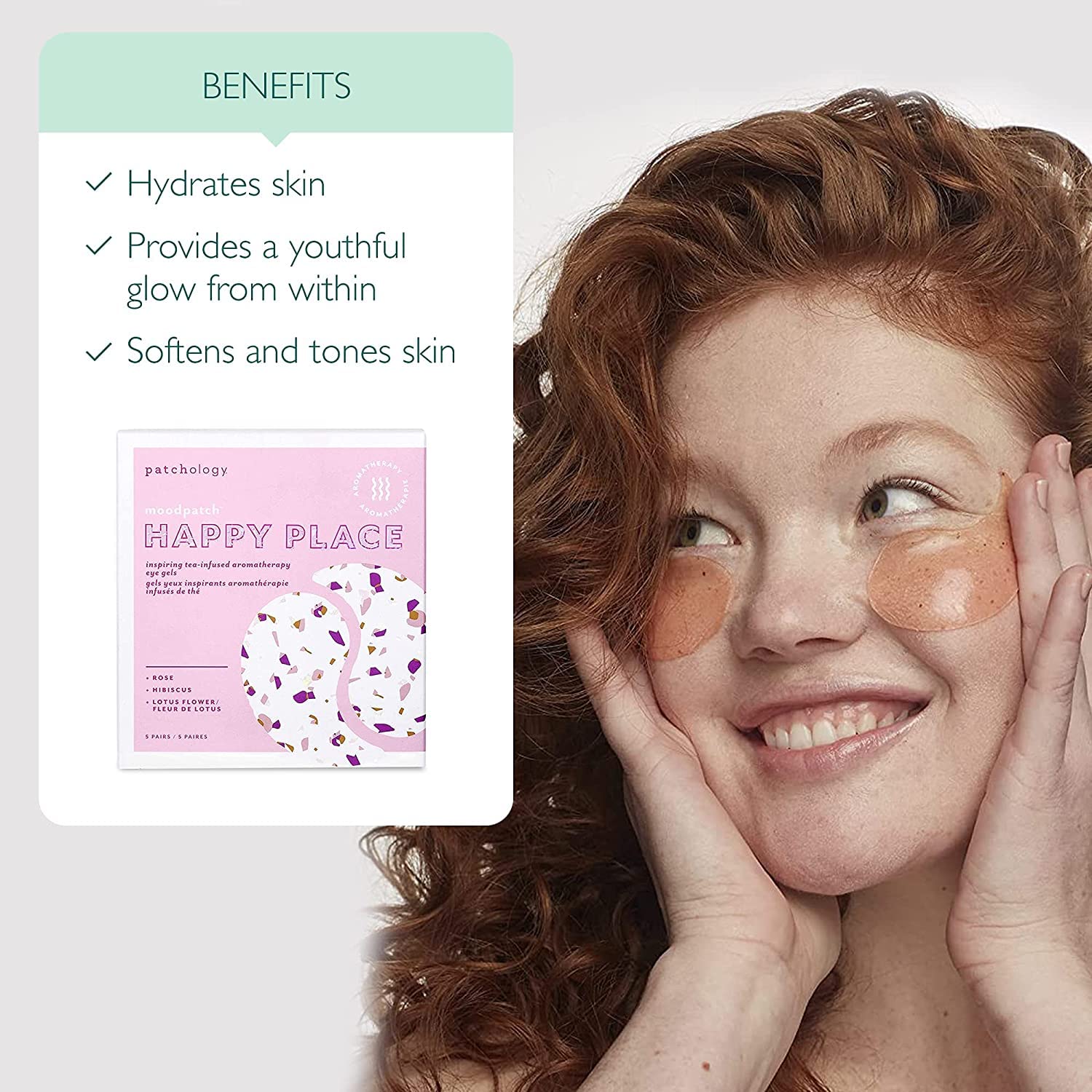 Patchology Happy Place eye gels applied under the eyes for depuffing