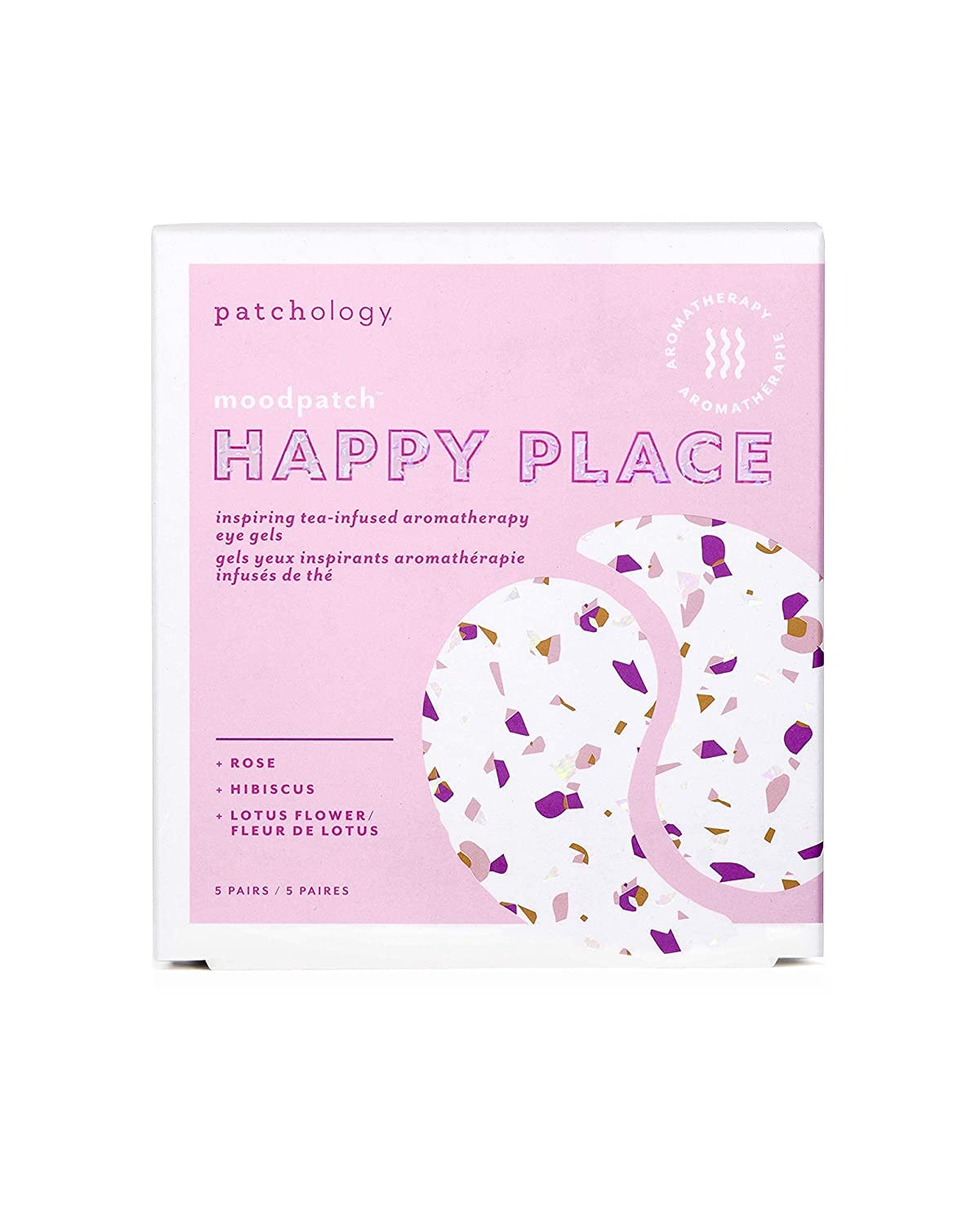 Close up view of the pink Patchology Happy Place aromatherapy eye masks