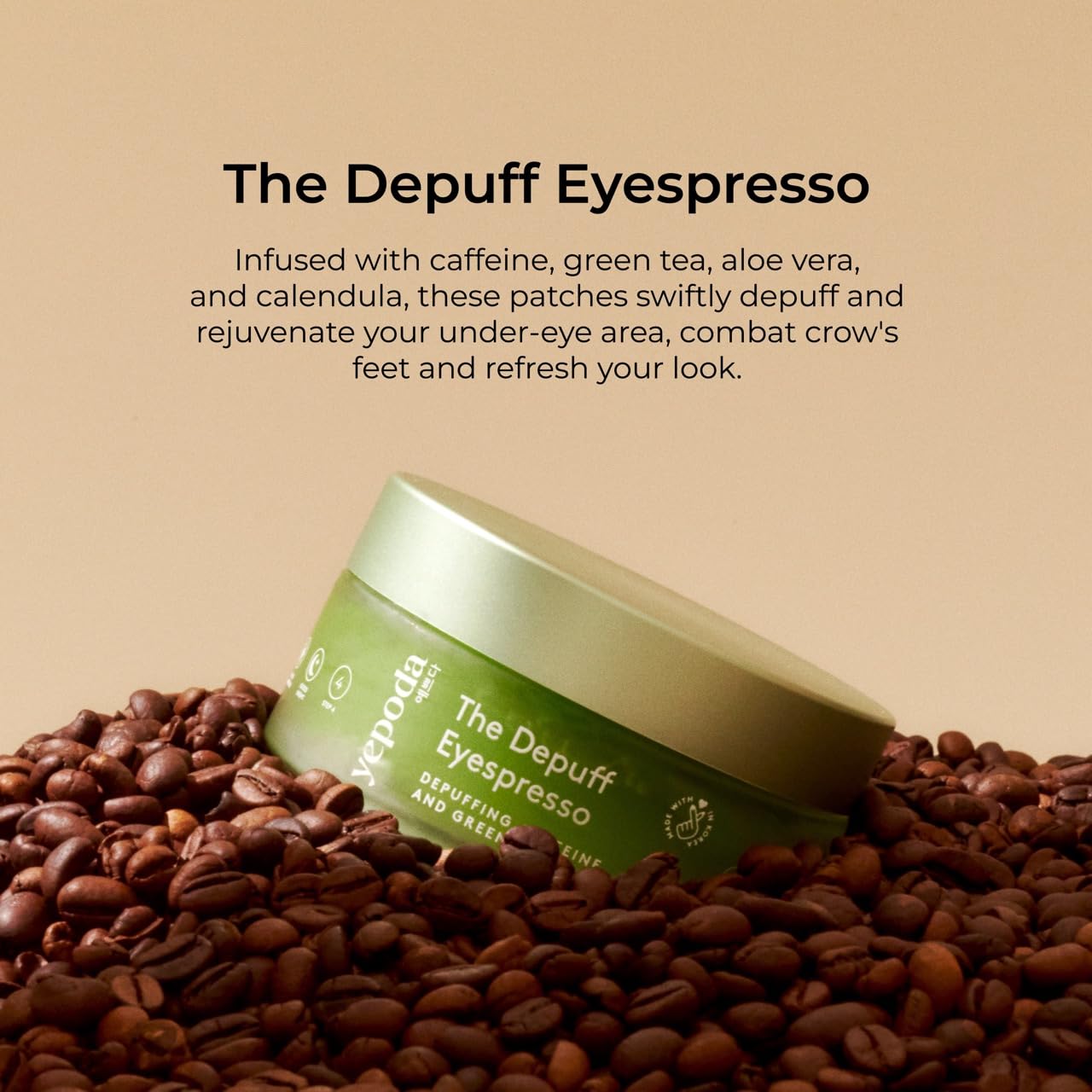Open glass container of Yepoda under-eye patches displaying the cooling green hydrogel texture.