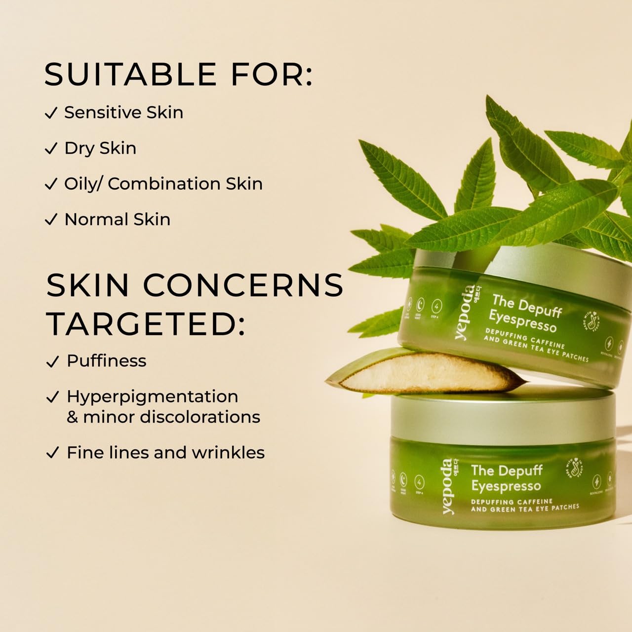 Close up shot of the natural algae based green tea eye patches for skin rejuvenation.