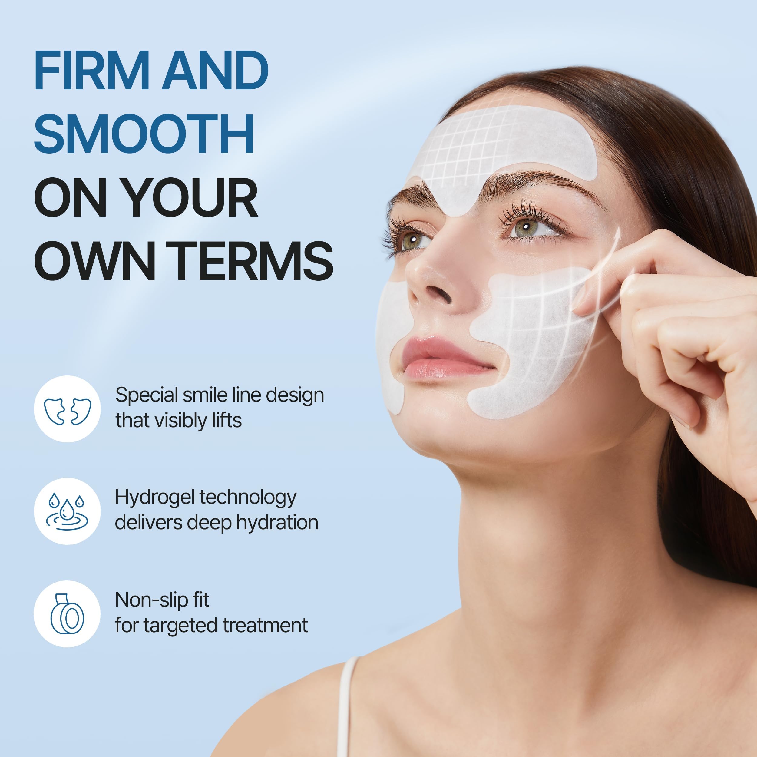 Honeydew Labs forehead and smile line patches showing the hydrogel texture for overnight fine line treatment.