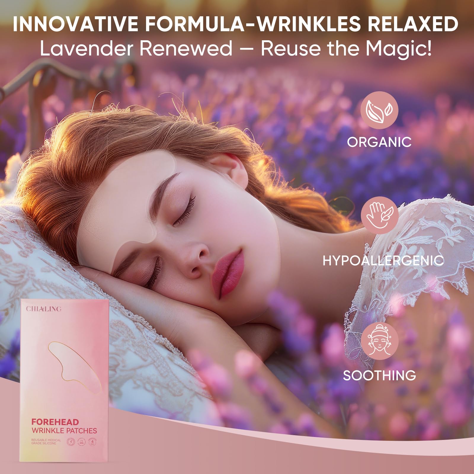 Step by step application of Chialing overnight wrinkle patches on a clean forehead.