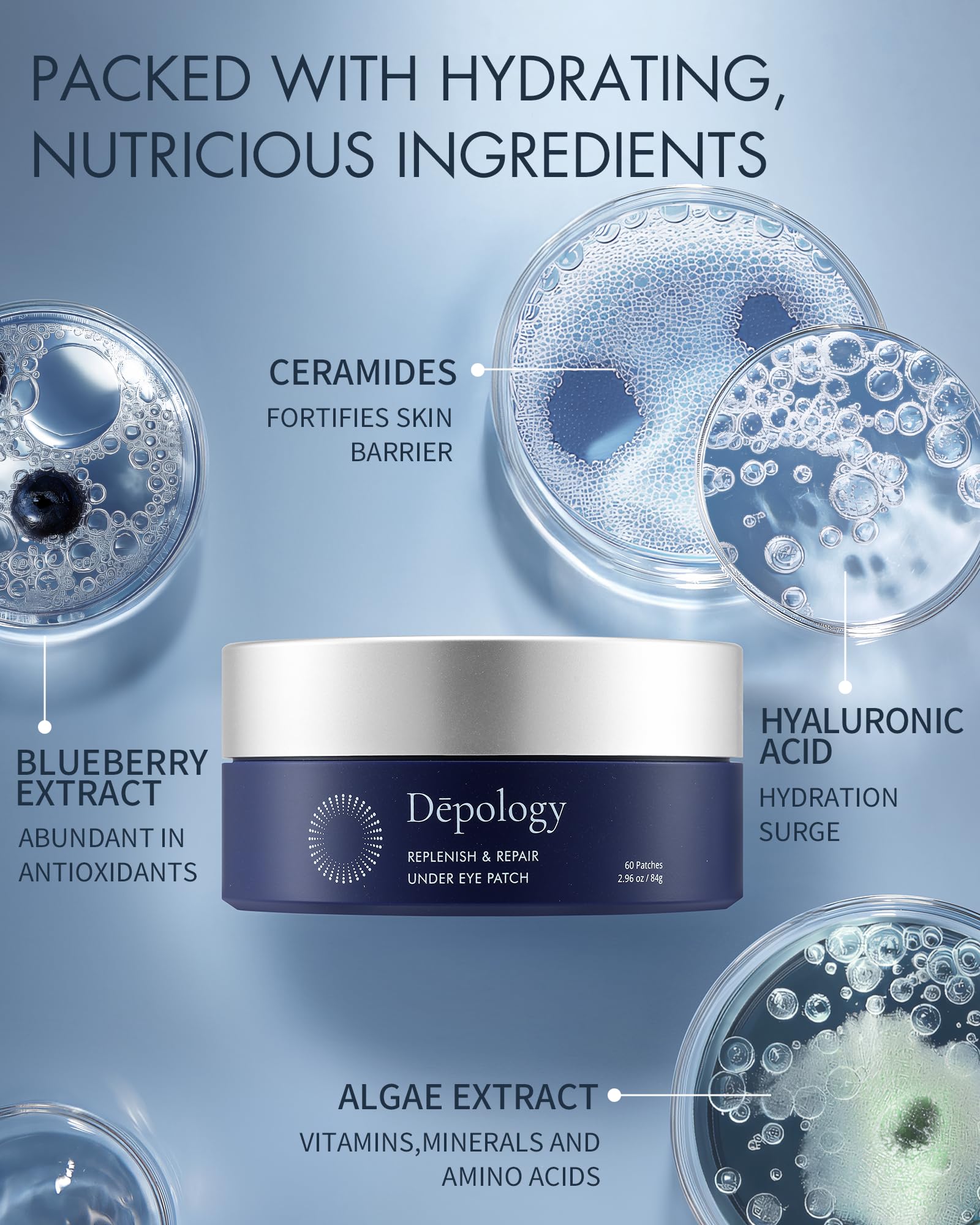 Depology replenishing night eye patches packaging detailing ingredients like ceramides and hyaluronic acid.
