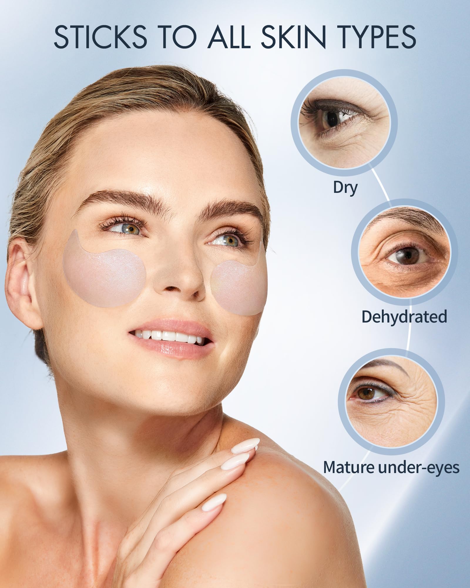 Depology under-eye patches applied on skin to demonstrate multi-functional use for wrinkles.