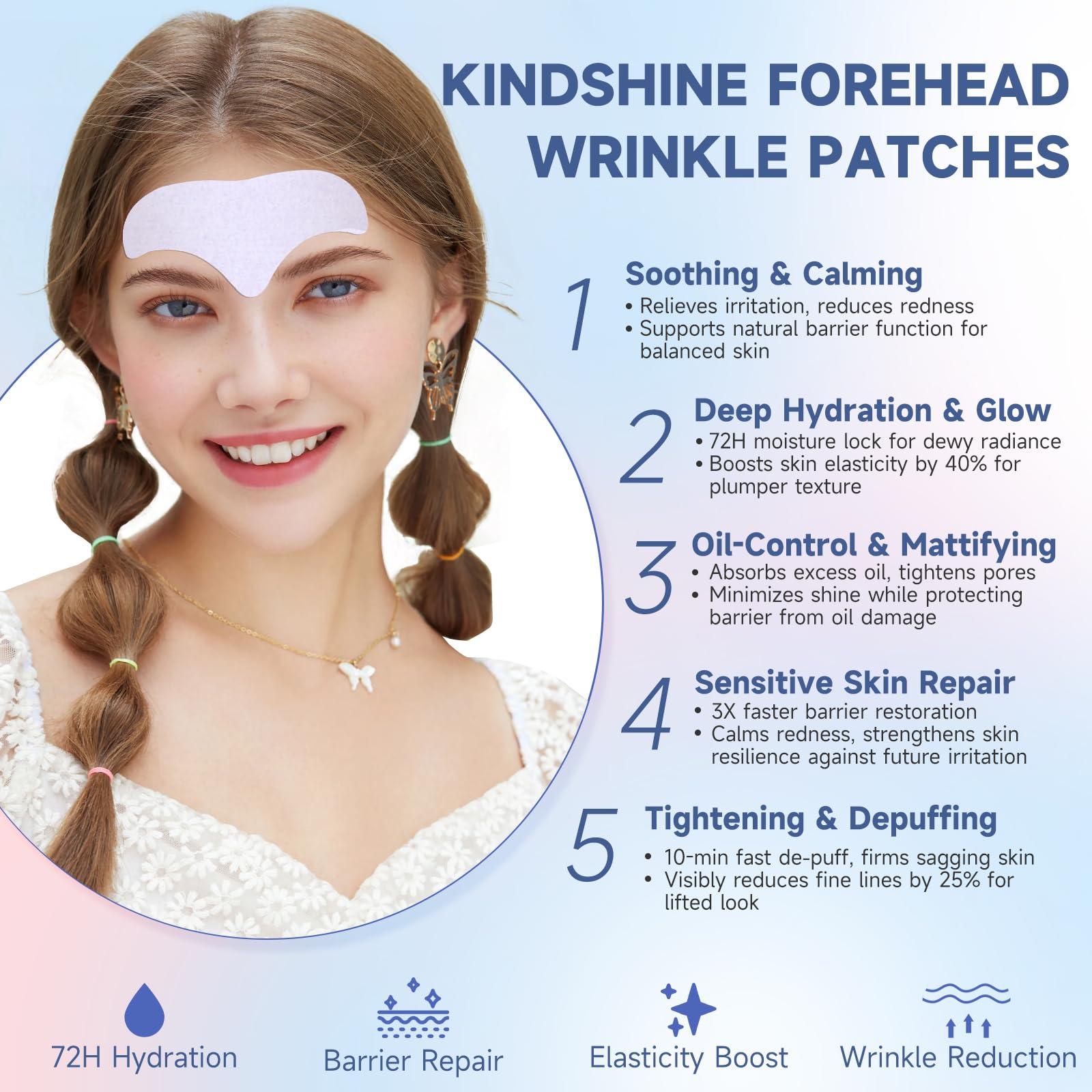 Overnight forehead masks infused with hyaluronic acid and collagen for skin plumping.