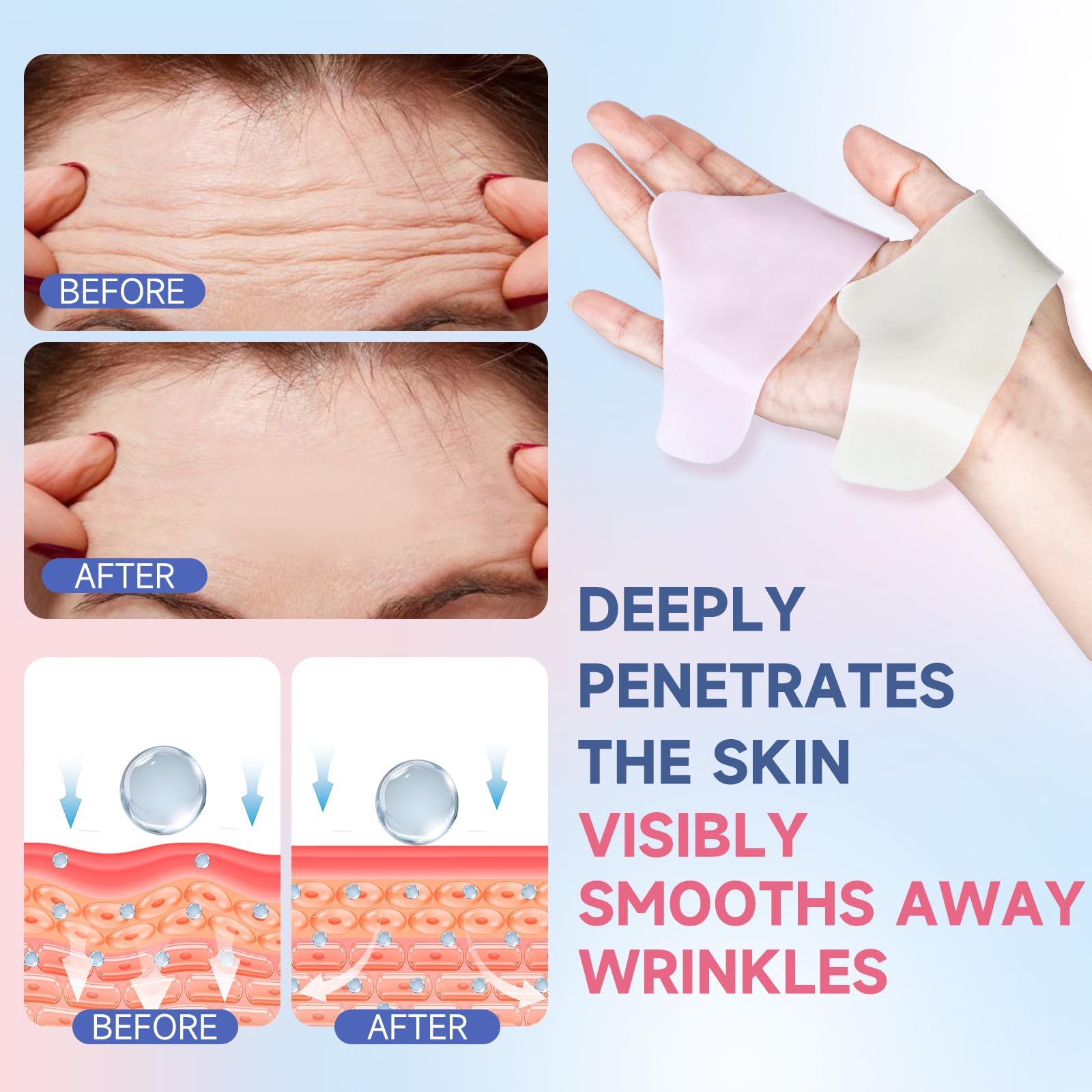 Close up of an adhesive cosmetic patch designed for frown line smoothing.