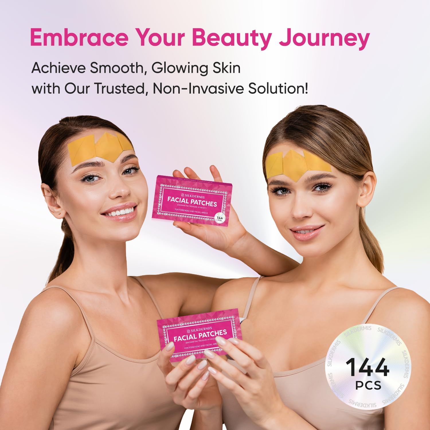 Silkdermis forehead patches applied to skin for smoothing fine expression lines.