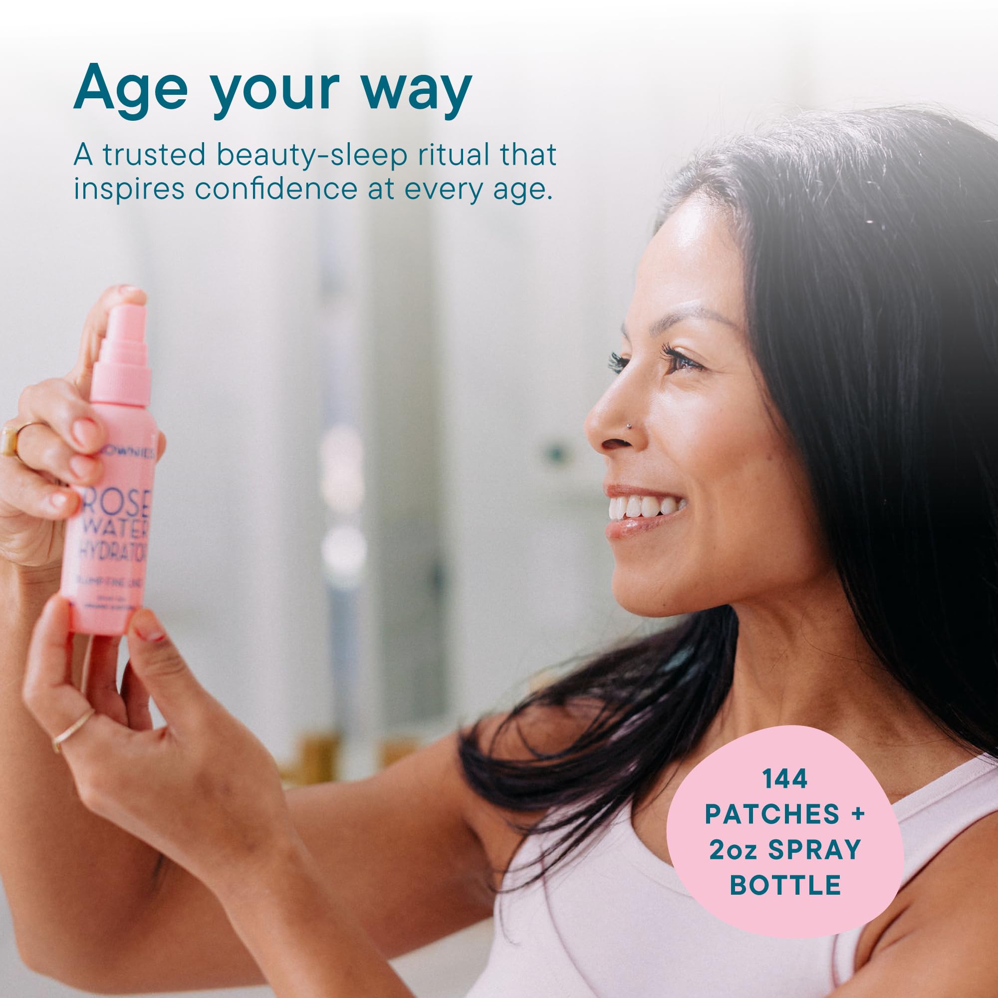 Frownies organic rose water hydrator spray packaging details and key ingredients.
