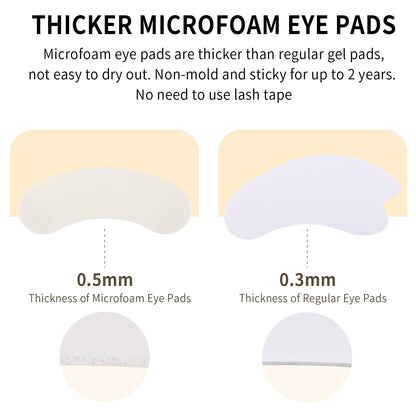 Miuffue foam eye pads package contents displaying fifty pairs of white lint free patches.