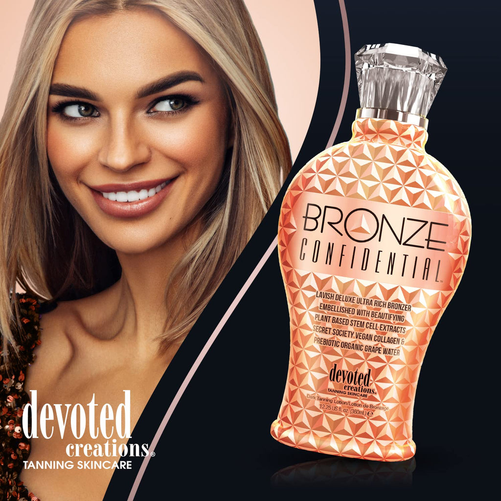 Devoted Creations dark tanning lotion 12.25 fluid ounce packaging layout