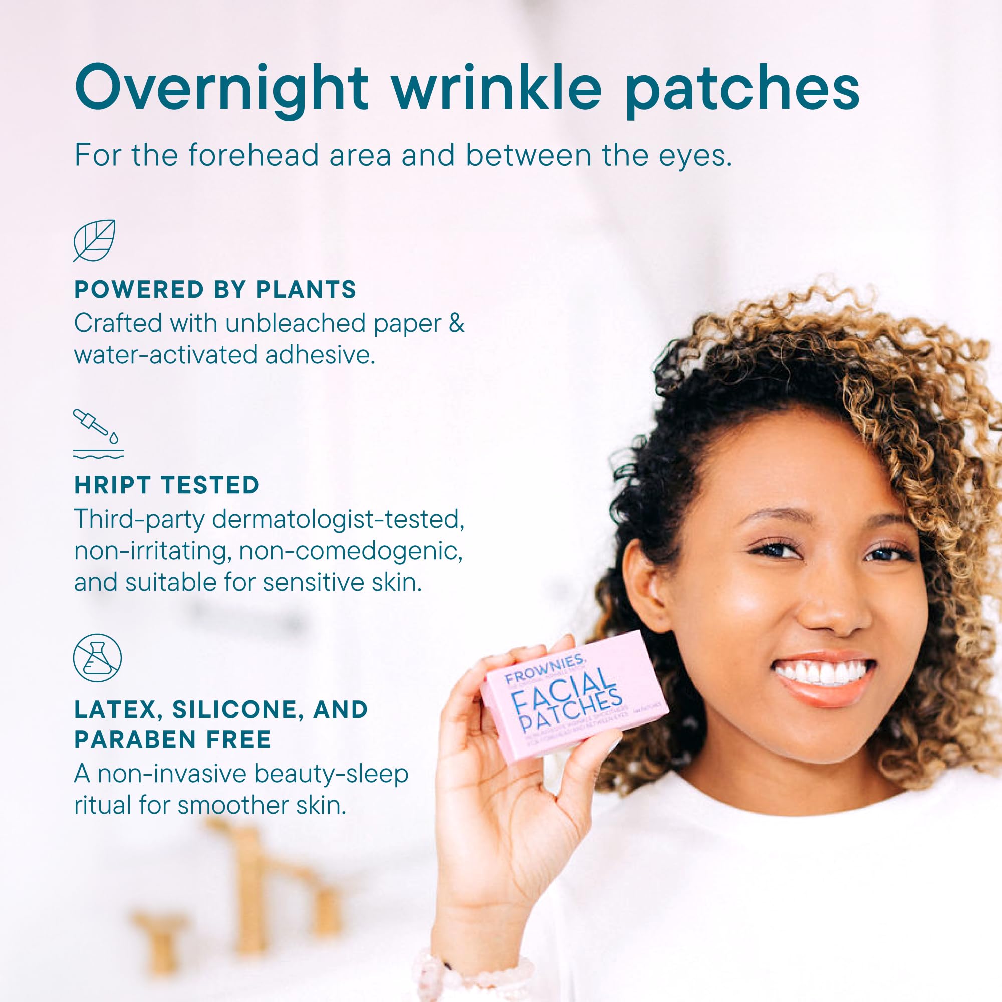 Frownies wrinkle patches applied on forehead and between eyes