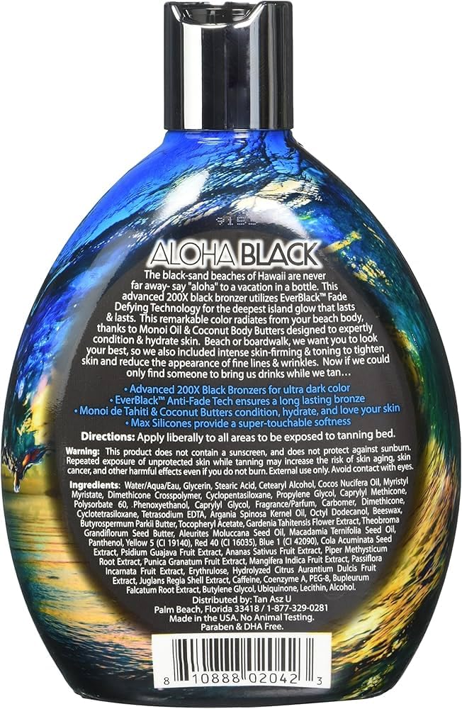 Tan Asz U Aloha Black tanning lotion bottle back label text details