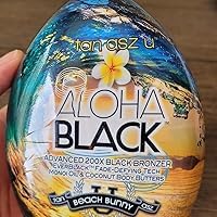 Tan Asz U Aloha Black tanning lotion next to tropical frangipani flower motif