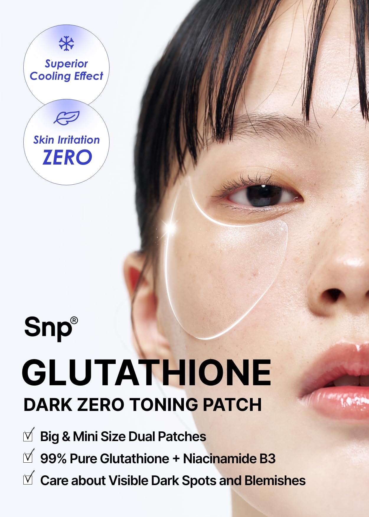 Authentic USA imported SNP Niacinamide B3 eye patch packaging details and skincare ingredient list.