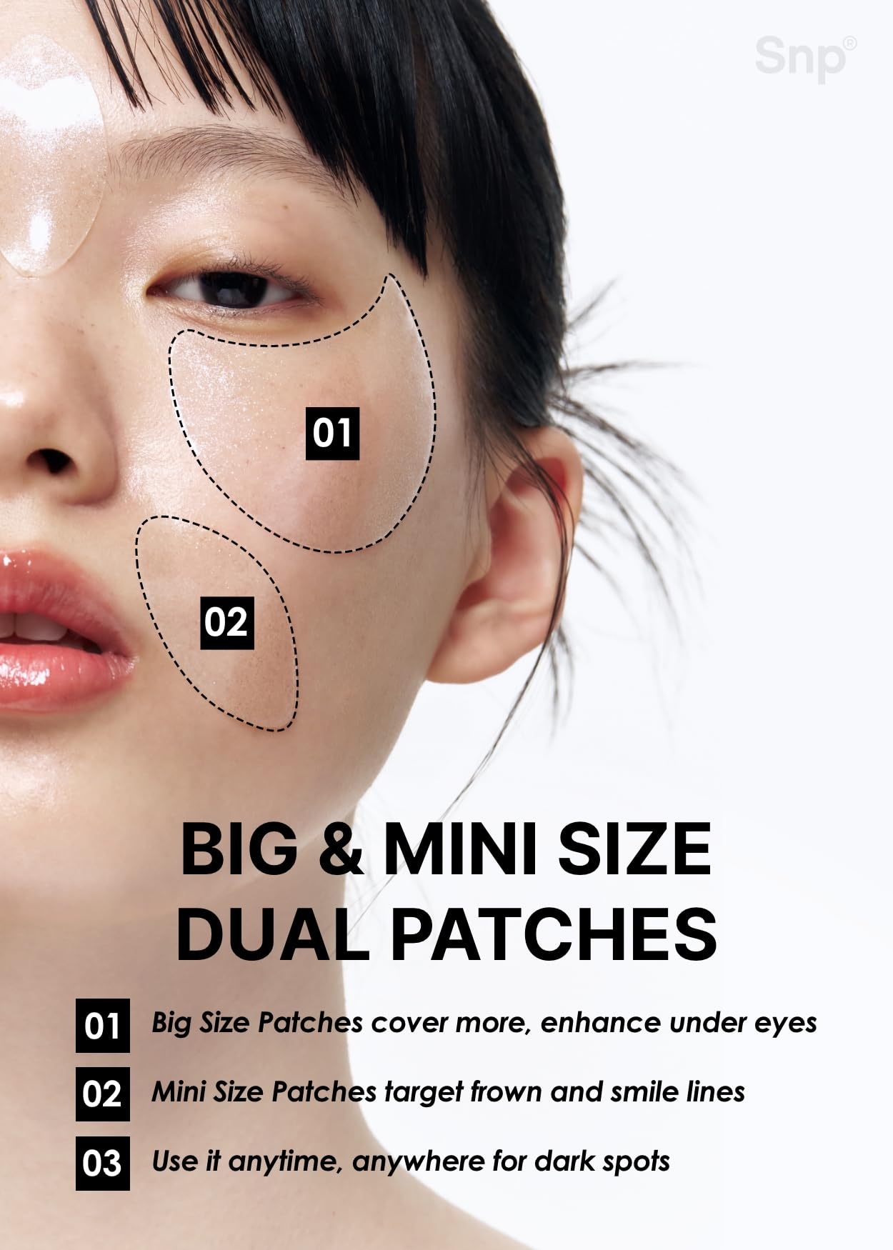 Close up of the SNP cooling hydrogel patches for puffy eyes relief with the included hygiene spatula.
