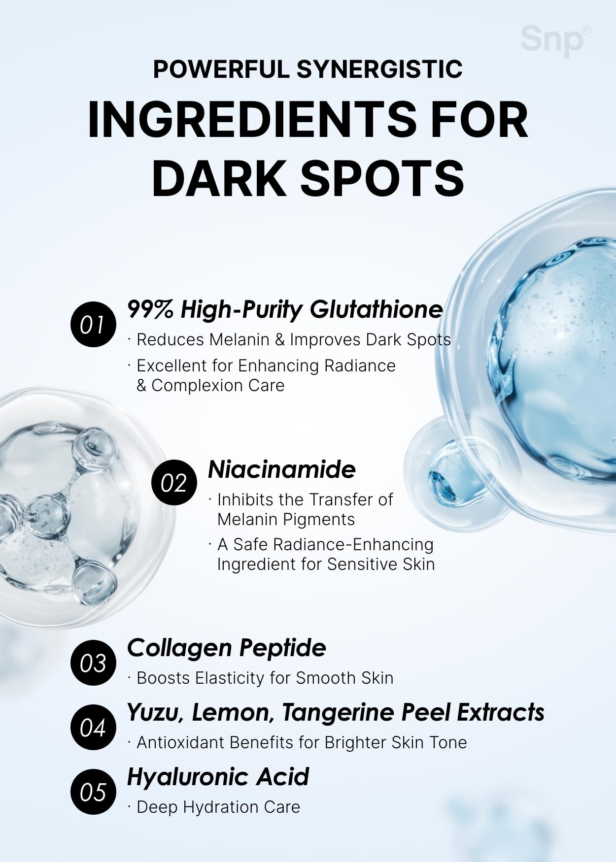 SNP Korean beauty brightening eye patches container displaying the high purity glutathione product formula.