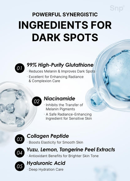 SNP Korean beauty brightening eye patches container displaying the high purity glutathione product formula.