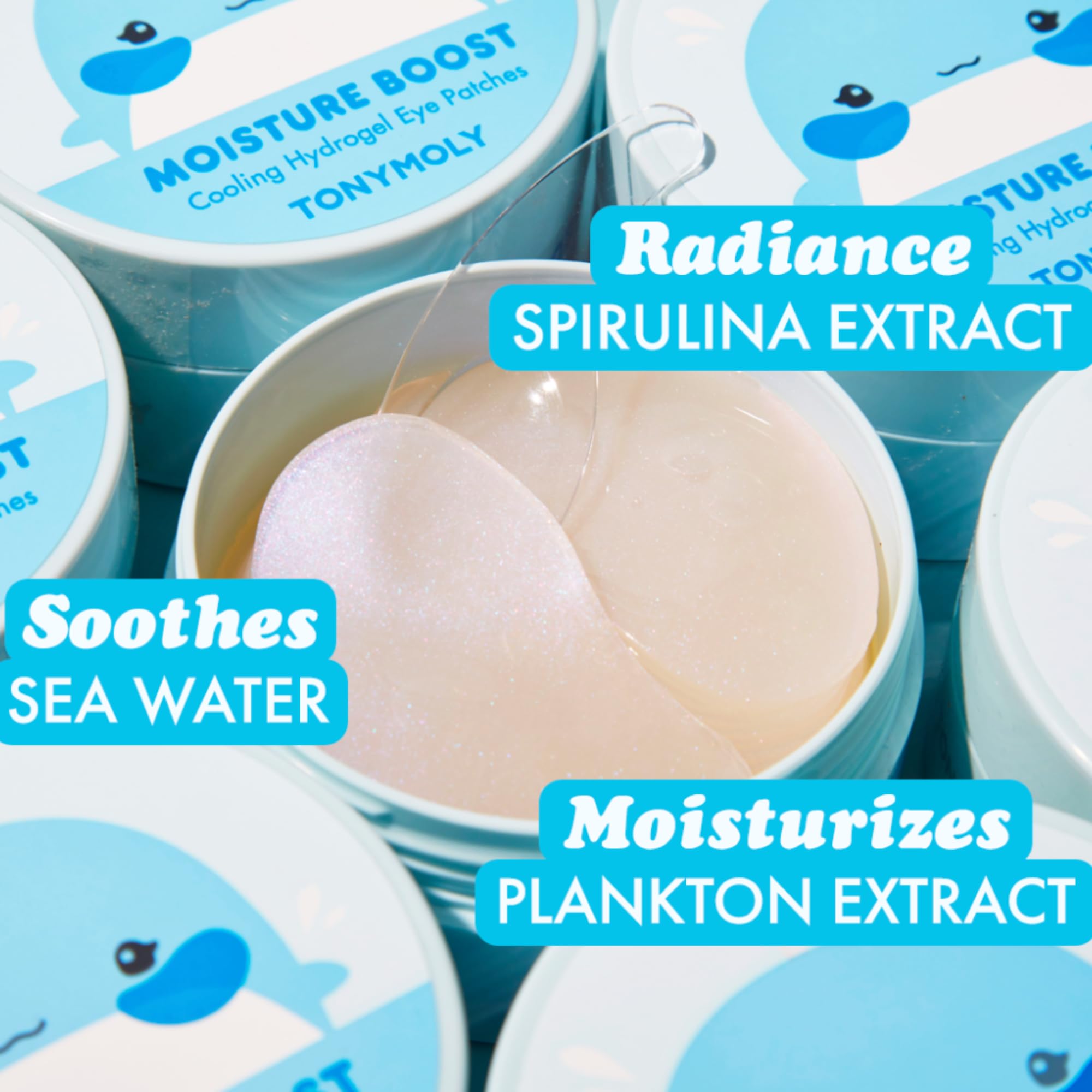 TONYMOLY cooling under eye masks packaging showcasing marine ingredients.