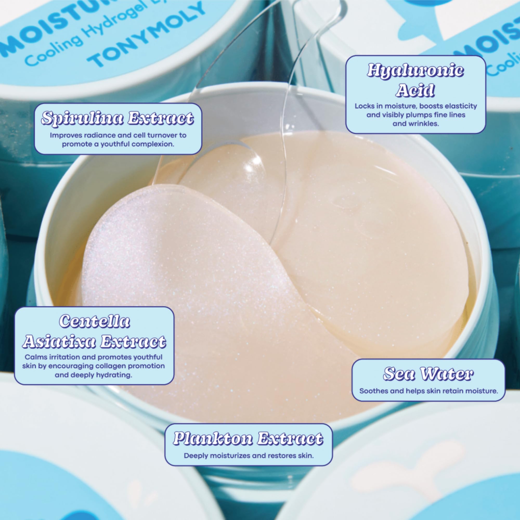 Open container of TONYMOLY hydrogel eye patches with application spatula.