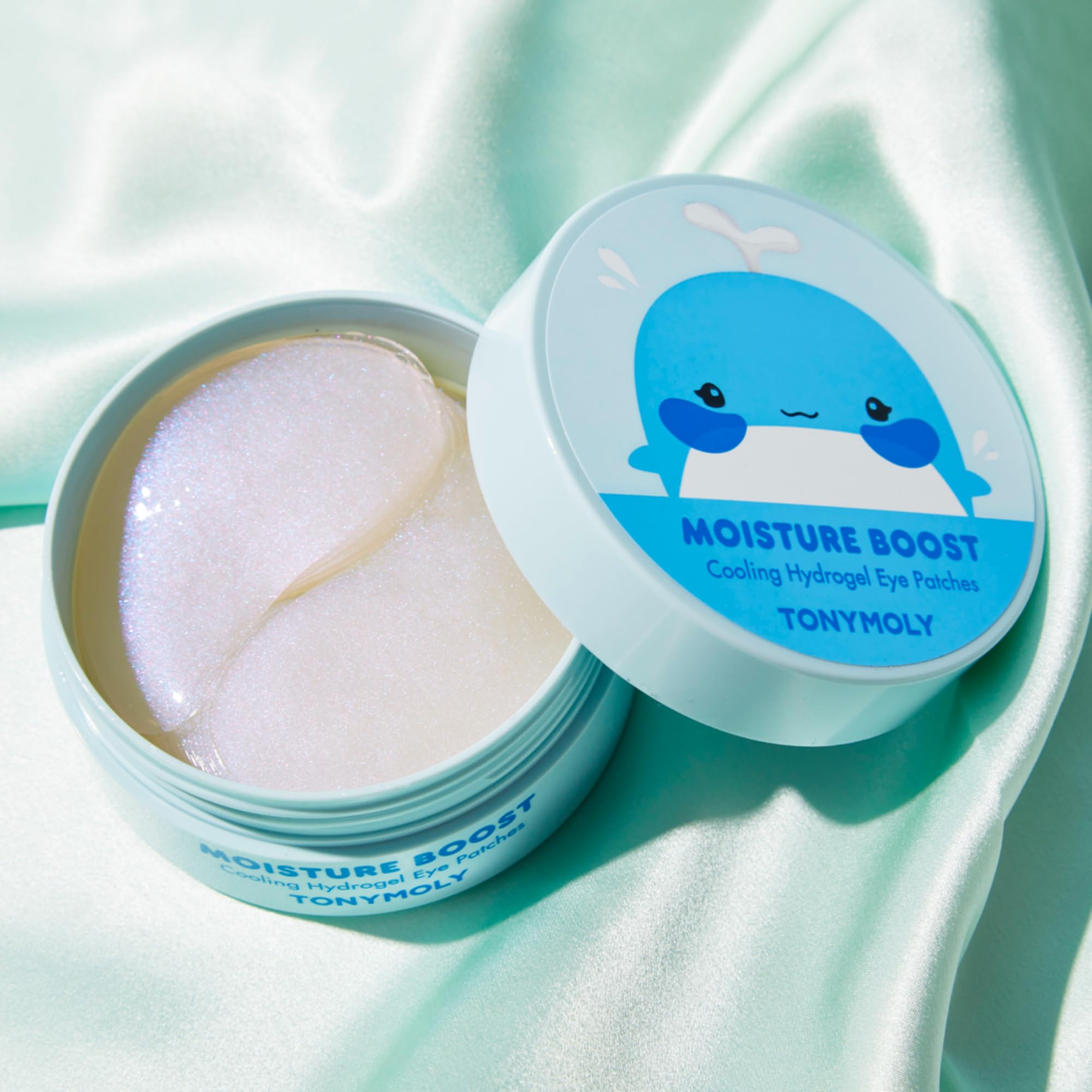 Close up view of the blue cooling hydrogel eye patches by TONYMOLY.