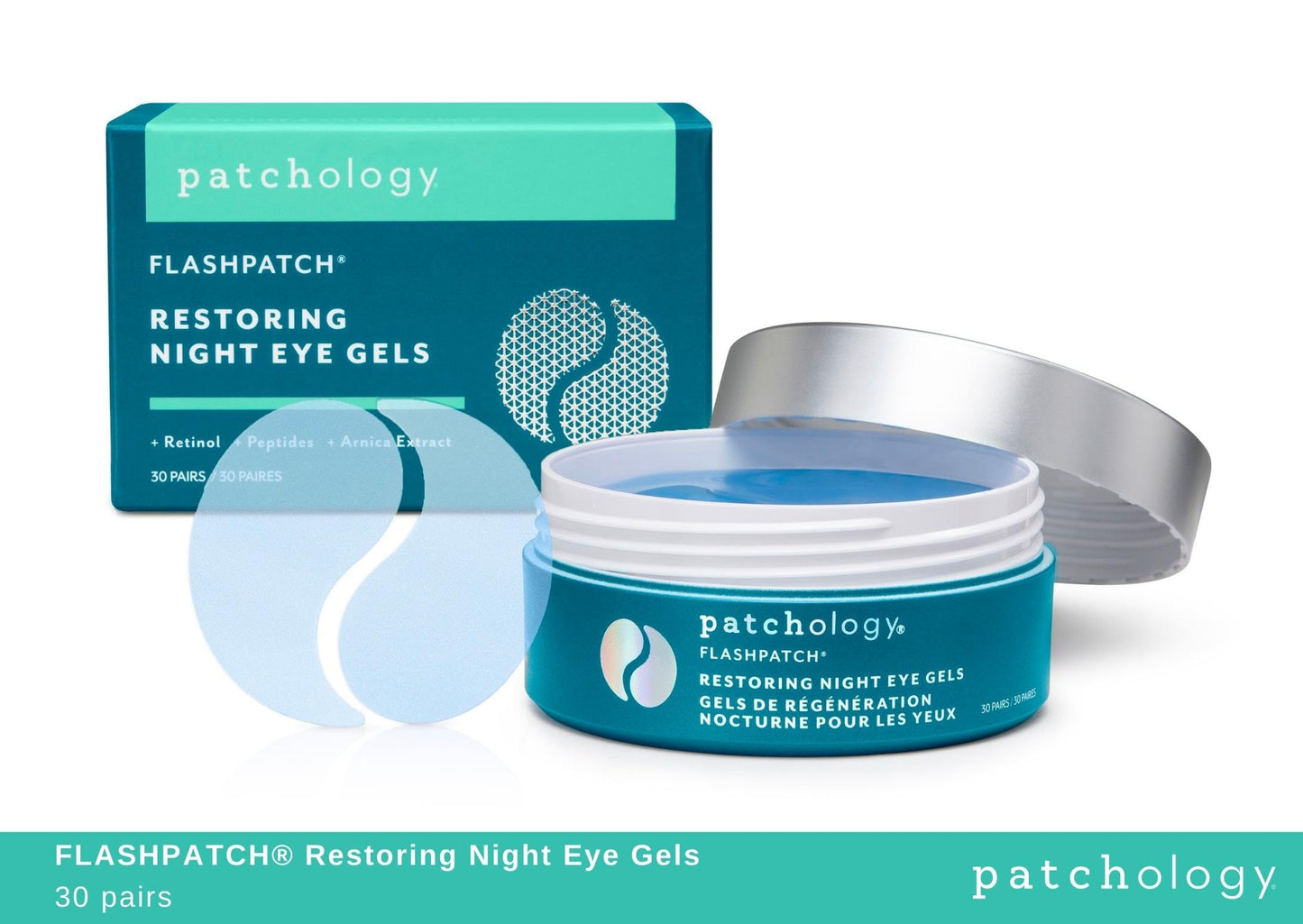 Open jar of Patchology restoring eye gel patches highlighting the peptide and arnica formula