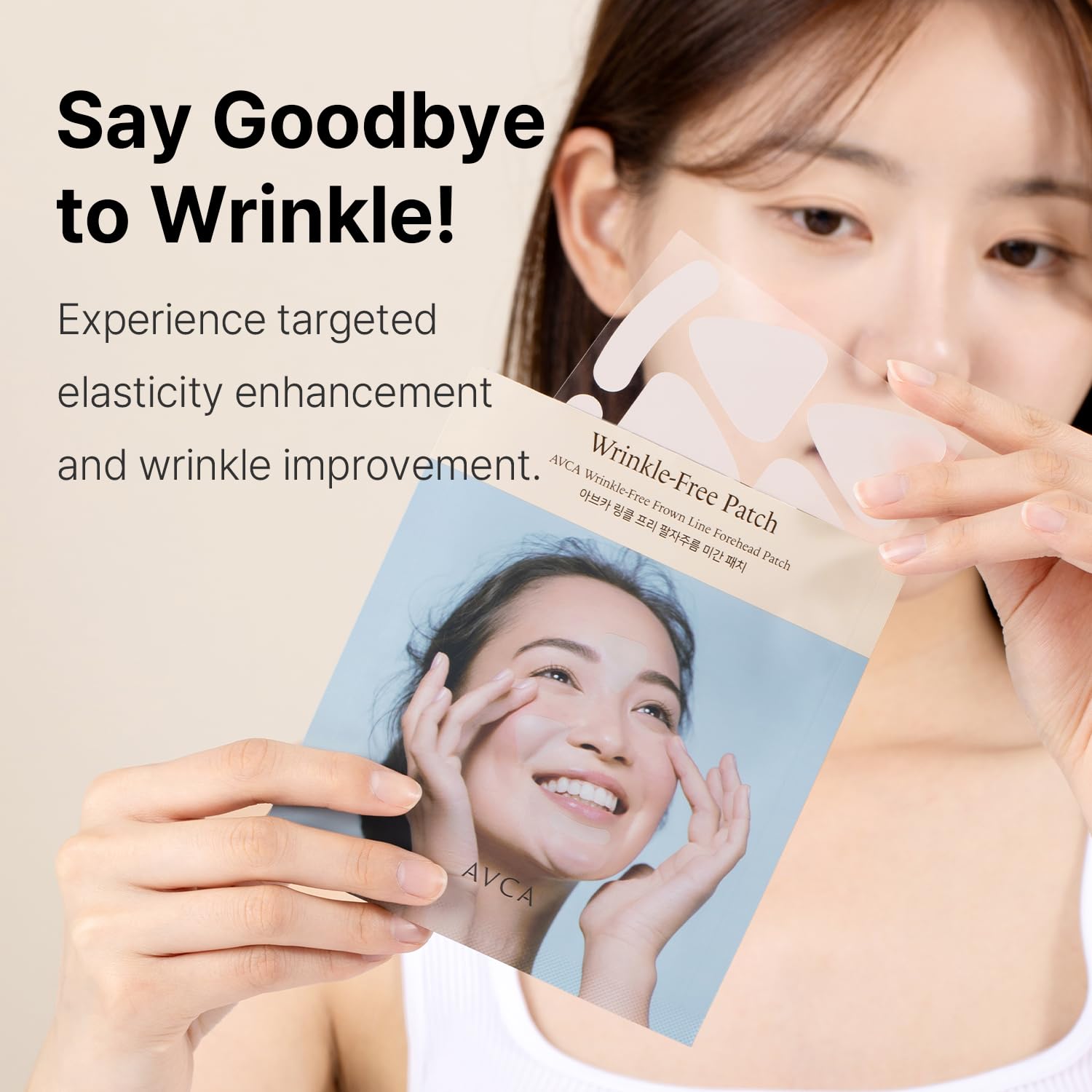 AVCA anti wrinkle patches layout displaying multiple transparent patch sizes for forehead and smile lines.