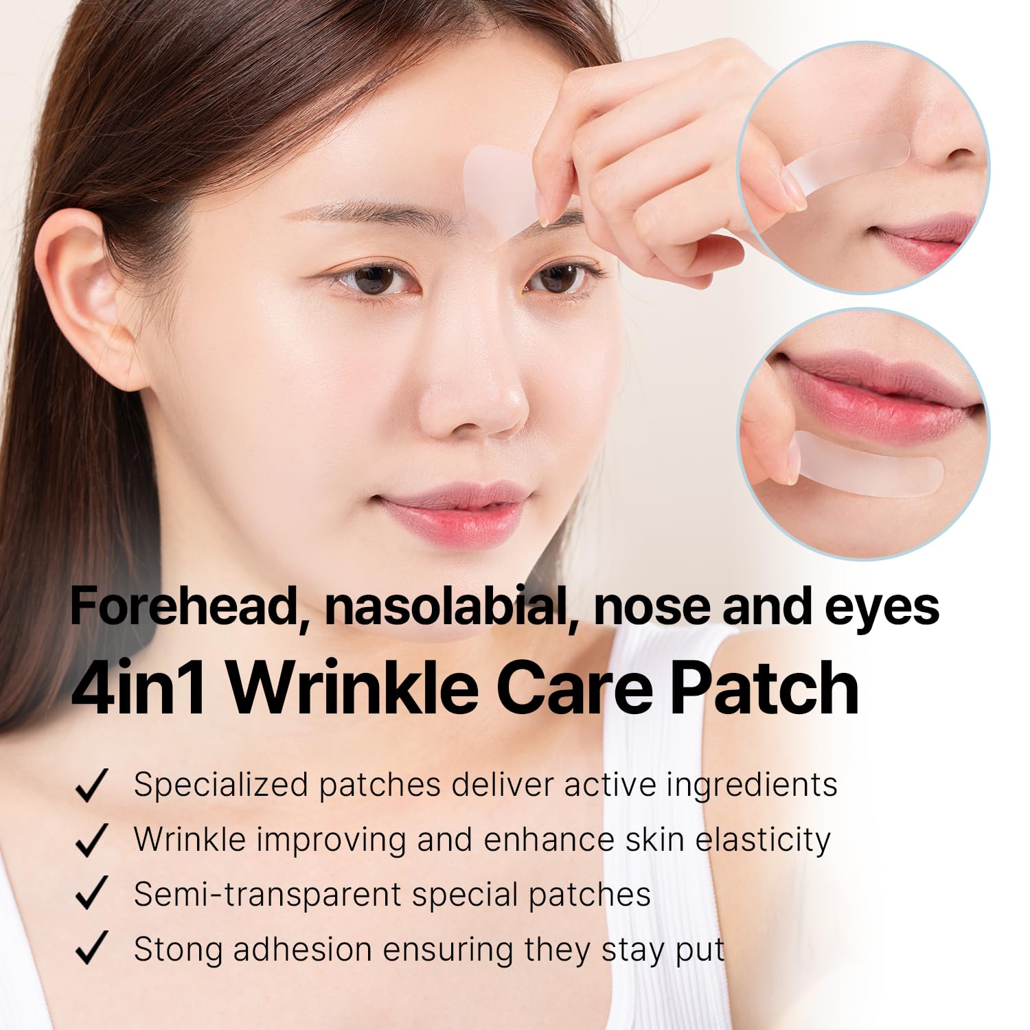 Close up of AVCA wrinkle free frown line forehead patch application on face.