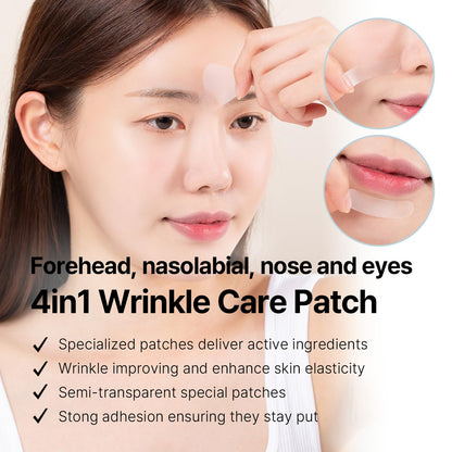 Close up of AVCA wrinkle free frown line forehead patch application on face.