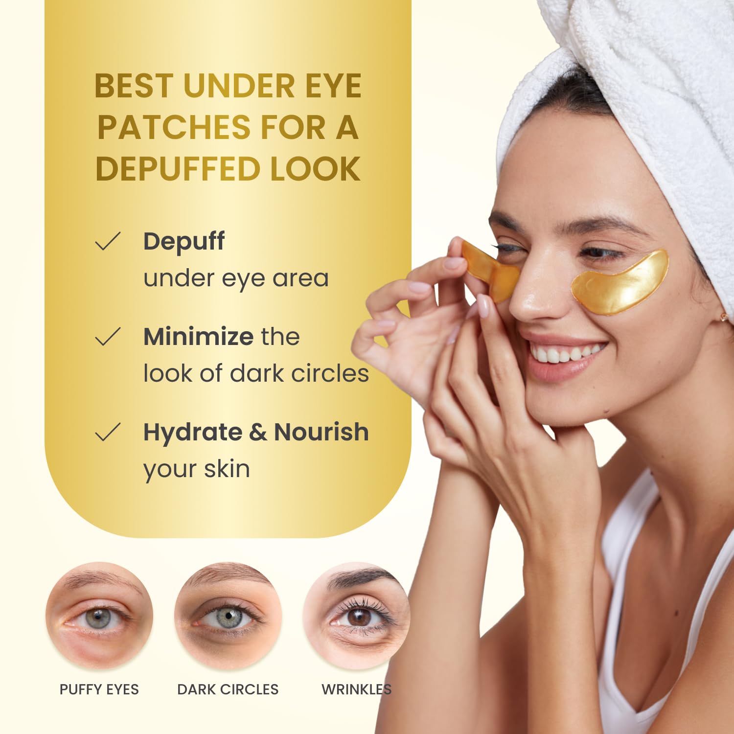 Plantifique skincare gold eye patches application layout displaying the anti aging collagen formula