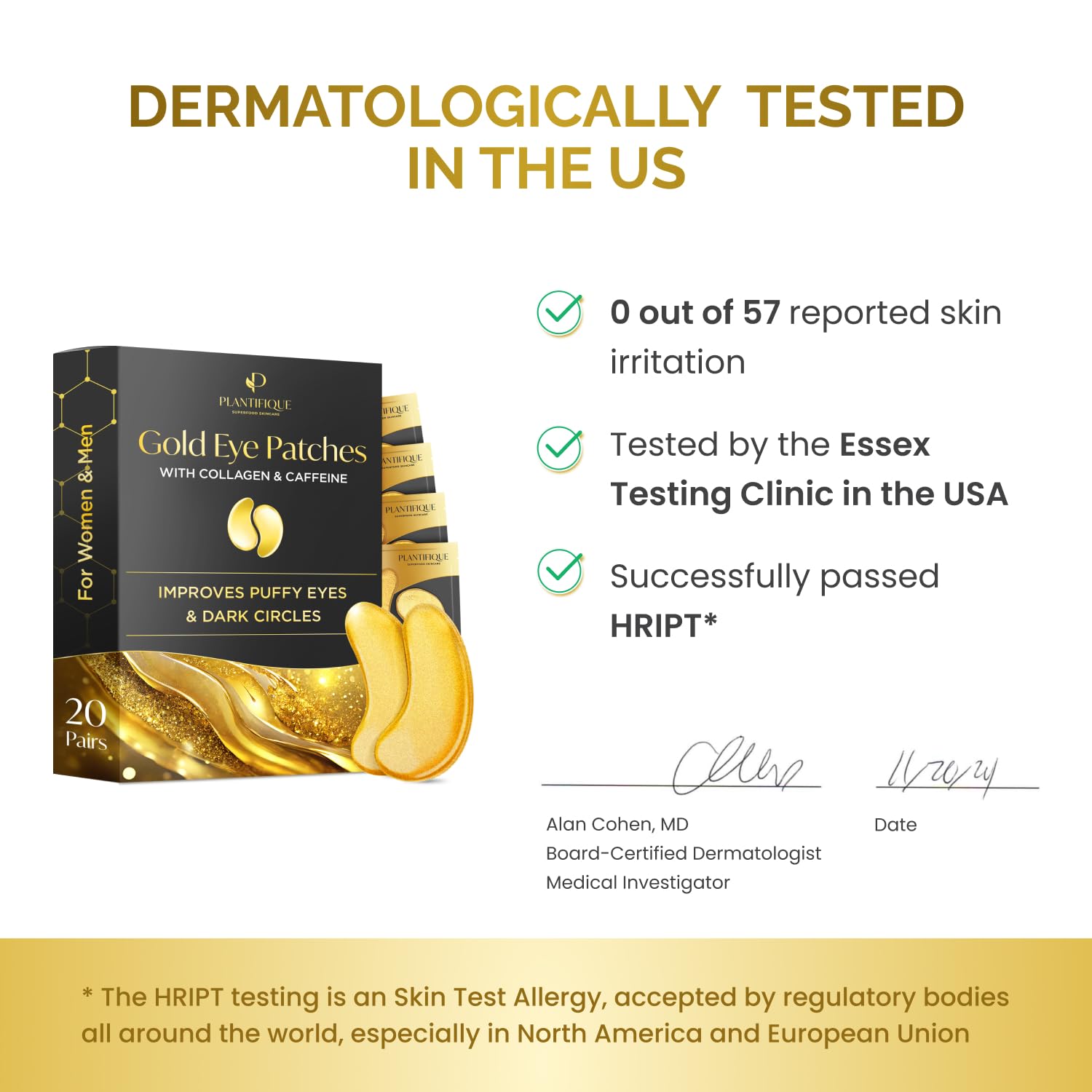 Vegan and cruelty free Plantifique gold hydrogel eye patches for cooling dark circle relief