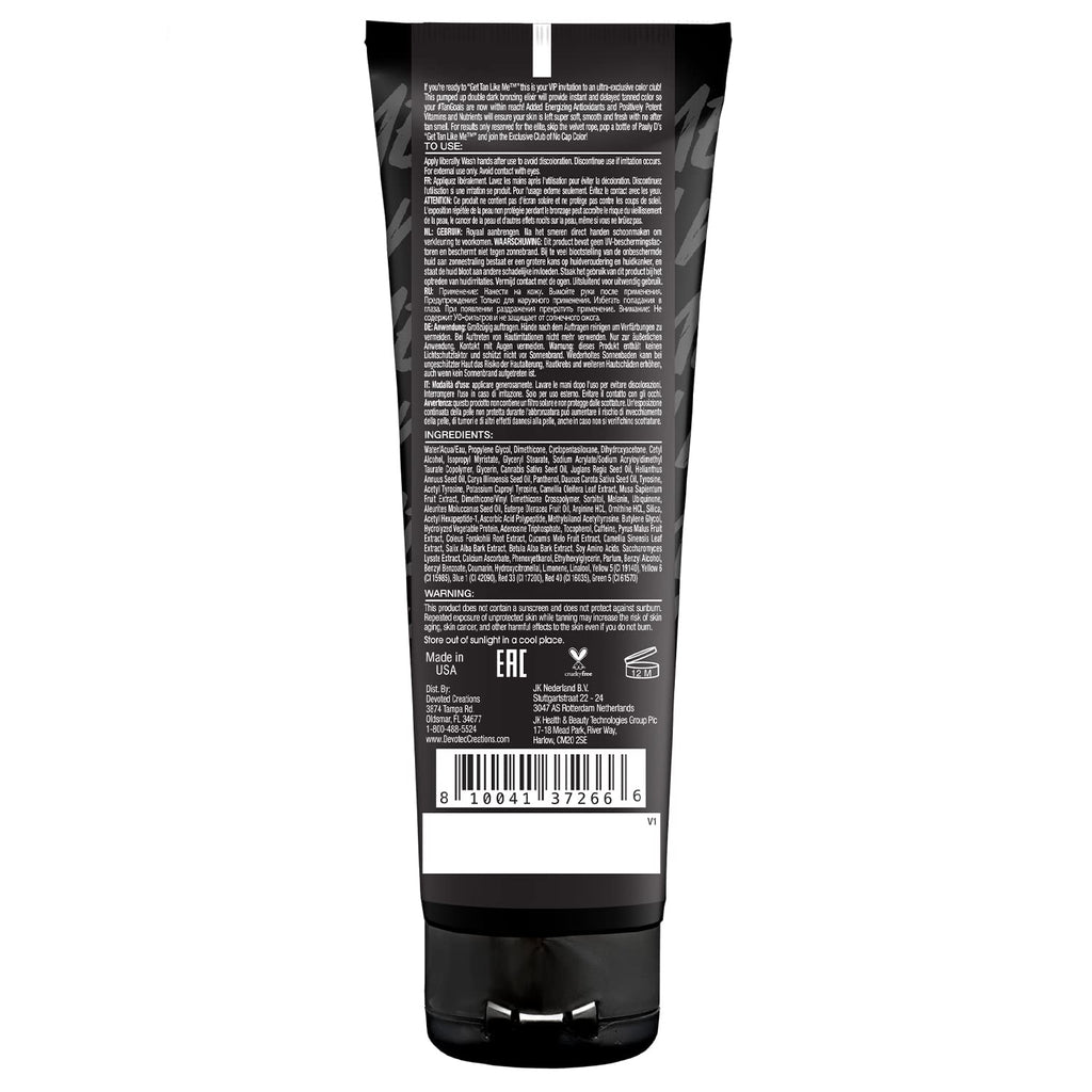Devoted Creations dark tanning lotion packaging close up